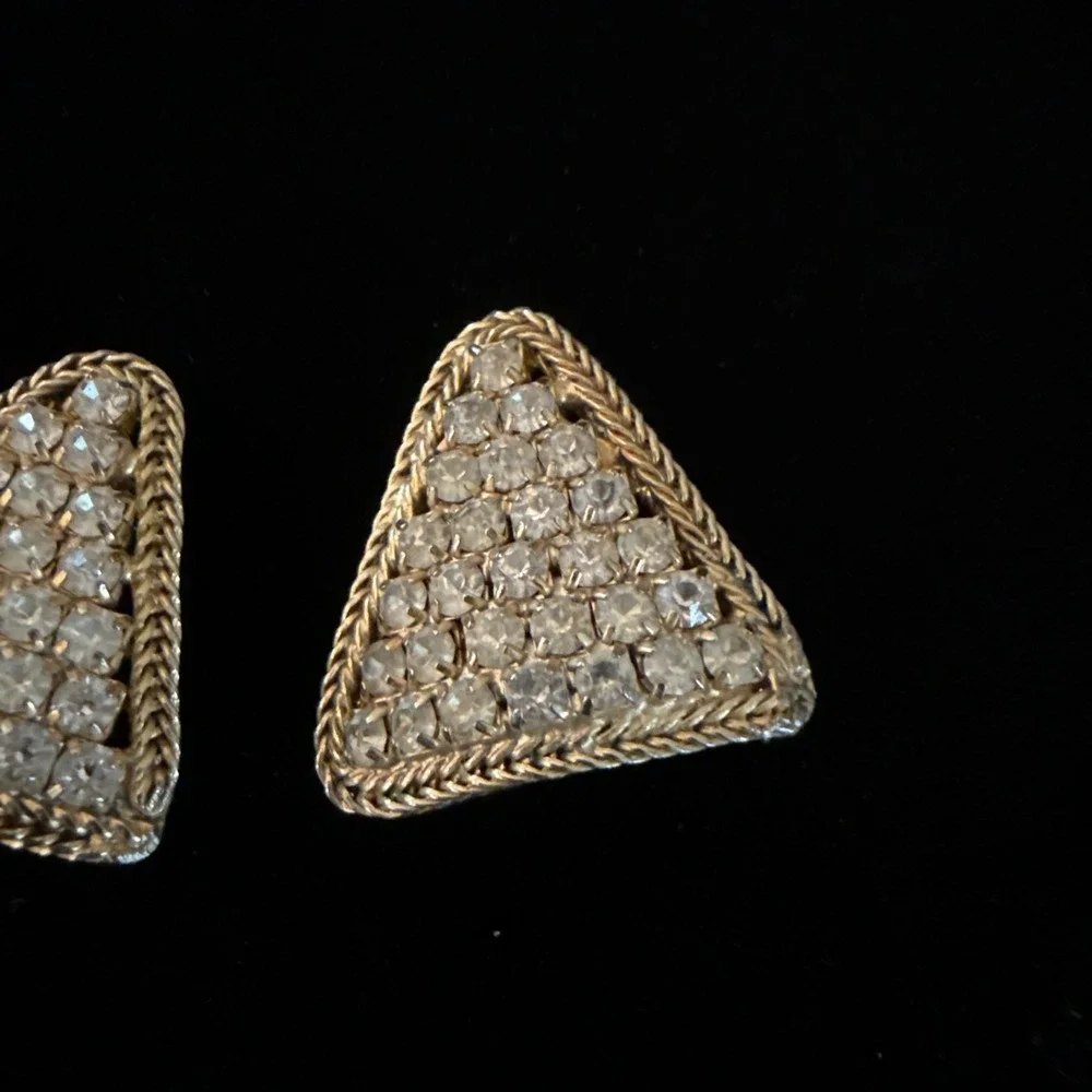 Vintage Signed Hobe' AB Signed Triangle Clip On Earrings 1950's Gold Tone